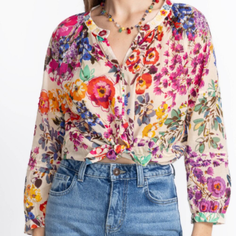 Johnny Was Evalon Small Floral Embroidered Blouse Peplum Boho Cotton Festival